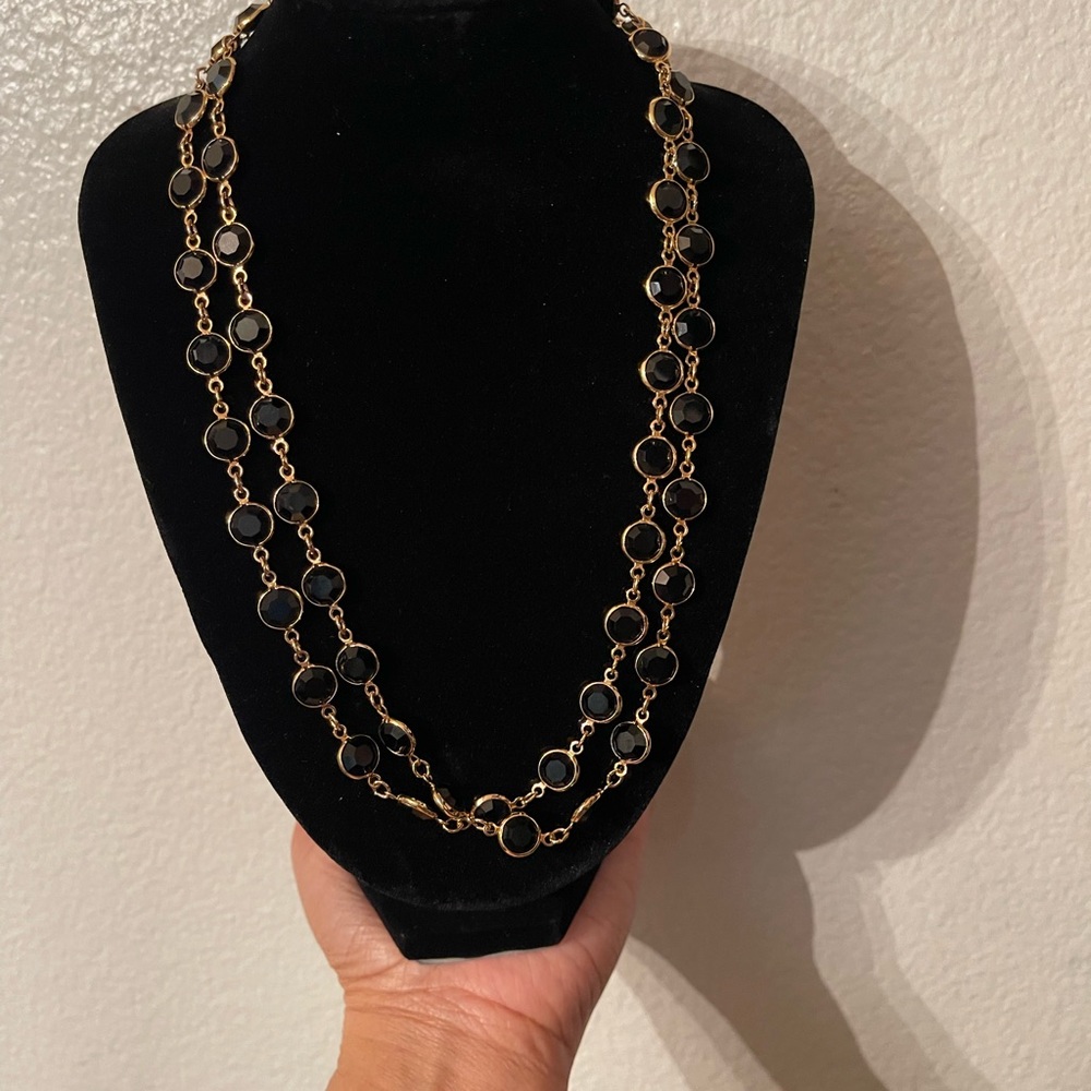Vintage SAL Swarovski necklace Bezel Set Black with Gold Tone chain